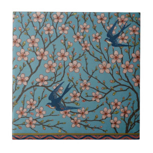 Carreau Motif de l'hirondelle florale rétro bleu par Walte