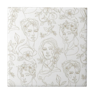 Carreau Motif de ligne de visage floral vintage noir et bl