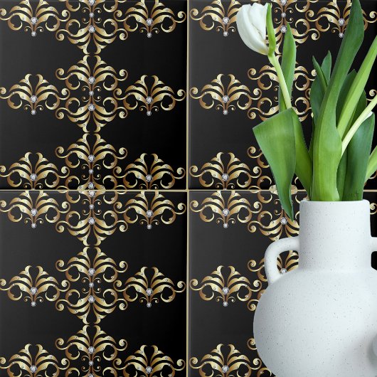 Carreau Motif de luxe Black Gold Damask et Gemstones
