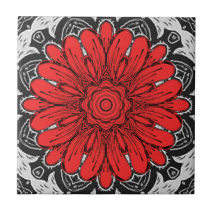 Carreau Motif de marguerite géométrique en rouge noir et b