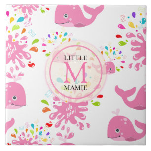 Carreau Motif de monogramme de baleines roses à l'eau col