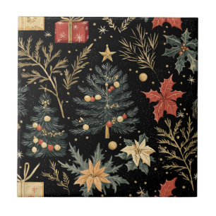 Carreau Motif de Noël au charbon de bois rouge vert houx