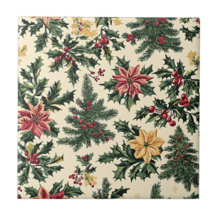 Carreau Motif de Noël de houx poinsettia rouge crème