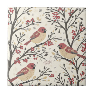 Carreau Motif de Noël oiseau rustique et poinsettia