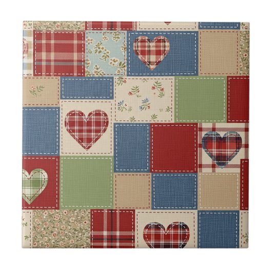 Carreau Motif de pique-nique Cœurs Patchwork Rustique (4) (Devant)