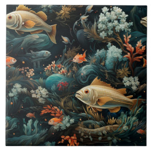 Carreau Motif de poisson, mer bleu foncé, onirique