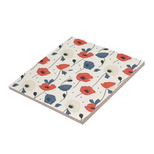 Carreau Motif de Poppies d'aquarelle - Rouge, Bleu et Blan (Côté)