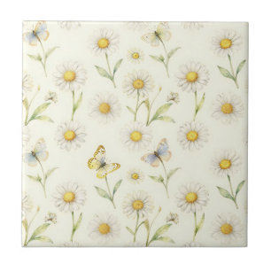 Carreau Motif de prairie à marguerite et papillon à l'aqua