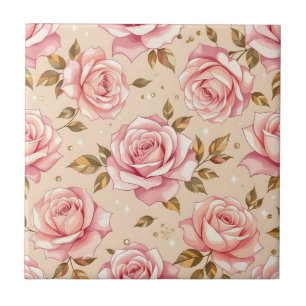 Carreau Motif de roses roses et de feuilles dorées