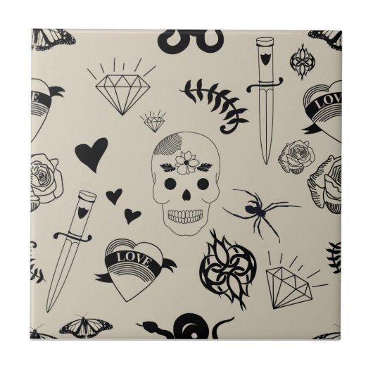 Carreau Motif de tatouage à main noir et beige (Devant)