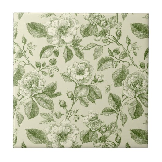 Carreau Motif de toile botanique vintage vert (Devant)