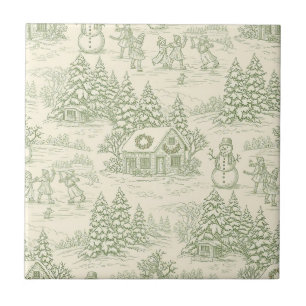 Carreau Motif de village de Noël vintage toile verte (5)