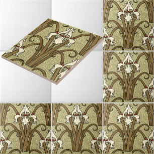 Carreau Motif d'Iris blanc Art Nouveau vintage par Verneui