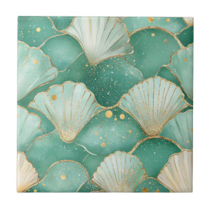 Carreau Motif d'onde Gold Sea Shell dans Aqua Turquoise