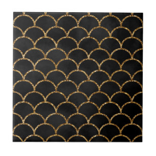 Carreau Motif élégant d'écailles de sirène en noir et or p