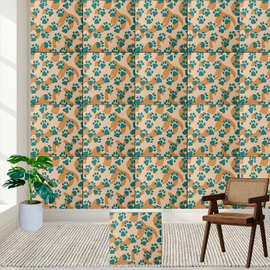 Carreau Motif Empreinte de patte turquoise et Tan