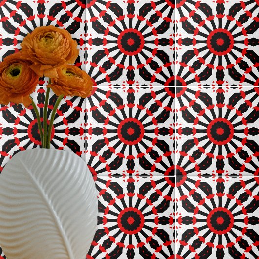 Carreau Motif en mosaïque rouge kaléidoscopique noir blanc