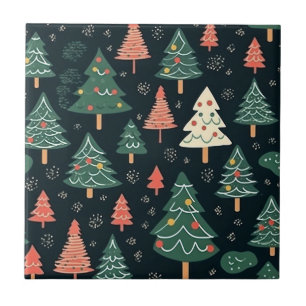 Carreau Motif festif d'arbres de Noël verts et coralliens