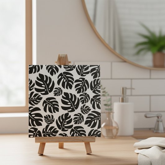 Carreau Motif Feuille élégant de Monstera Noire Exotique