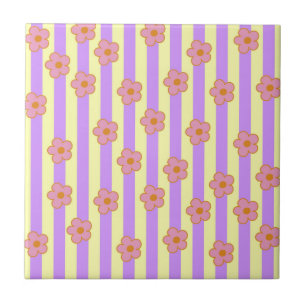 Carreau Motif Fleur à Rayure Violette Rétro Vintage