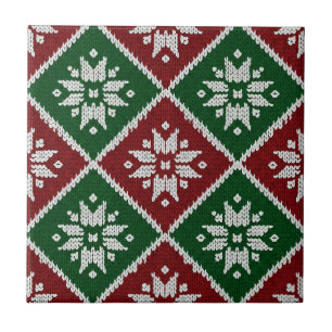 Carreau Motif Flocon de Neige de Noël Nordique Vert Rouge