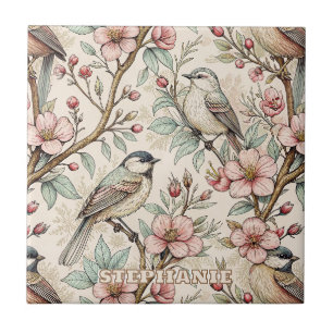 Carreau Motif floral à l'encre noire pêche Chant d'oiseau