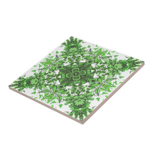 Carreau Motif floral abstrait en noir et vert sur fond bla