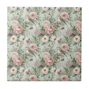 Carreau Motif floral anglais vintage de jardin avec oiseau
