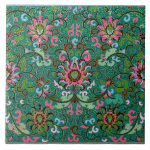 Carreau Motif floral antique oriental vert et rose