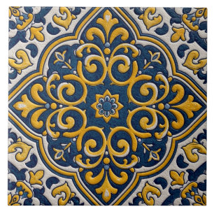 Carreau Motif floral arabesque marocain bleu jaune