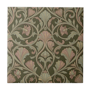 Carreau Motif Floral Art Nouveau Vert Foncé Rose Vintage