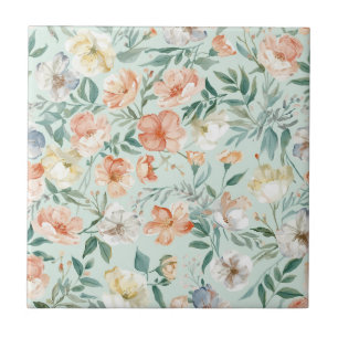 Carreau Motif floral bleu aquarelle de prairie fleurie