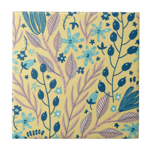 Carreau Motif floral bleu botanique moderne sur fond beige