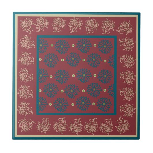 Carreau Motif floral bleu foncé et beige sur rouge profond (Devant)