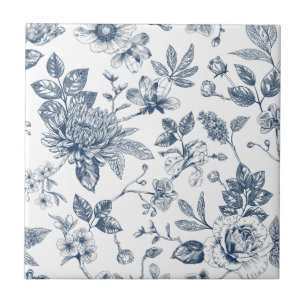 Carreau Motif floral bleu marine vintage Toile-De-Jouy 