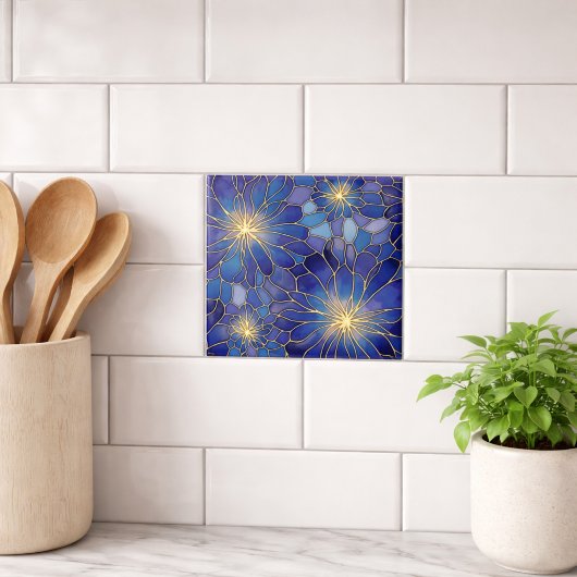 Carreau Motif Floral Bleu Or Moderne