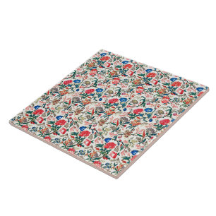 Carreau Motif floral bleu vert rouge du 19e siècle vintage