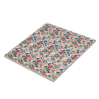 Carreau Motif floral bleu vert rouge du 19e siècle vintage