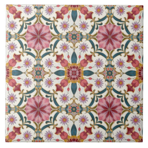 Carreau Motif floral boho en rouge, rose et sarcelle
