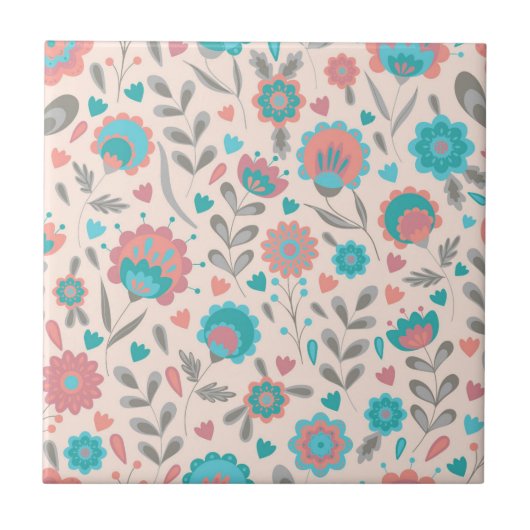 Carreau Motif floral d'art populaire turquoise et de (Devant)