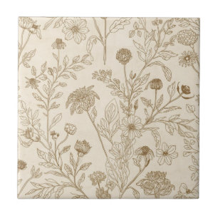 Carreau Motif floral de dessin au trait botanique sépia an