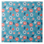 Carreau Motif floral de Kawaii Usagi<br><div class="desc">C'est un motif des lapins (usagi de `' dans le Japonais),  des diverses fleurs,  et du feuille. Il a été coloré dans la sarcelle d'hiver et les couleurs d'écarlate. C'est un art. tiré par la main. Le motif et la couleur est influencé par les kimonos japonais modernes.</div>