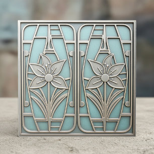 Carreau Motif floral de lys stylisé Art Déco #10 sarcelle