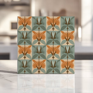 Carreau Motif floral de milieu de siècle en orange et bleu