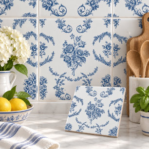Carreau Motif floral de toile française bleue