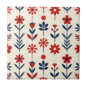 Carreau Motif floral folklorique rouge et marine