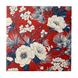 Carreau Motif floral hivernal Pivoine Indigo Cramoisi