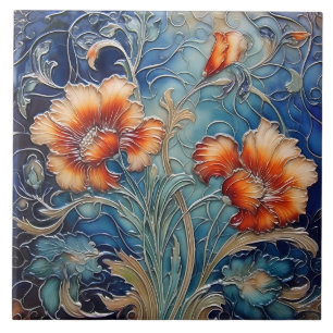 Carreau Motif floral orange foncé et bleu Art nouveau
