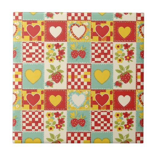 Carreau Motif floral patchwork rétro à la fraise (Devant)