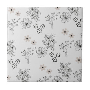 Carreau Motif floral rétro hippie noir gris Y2K
